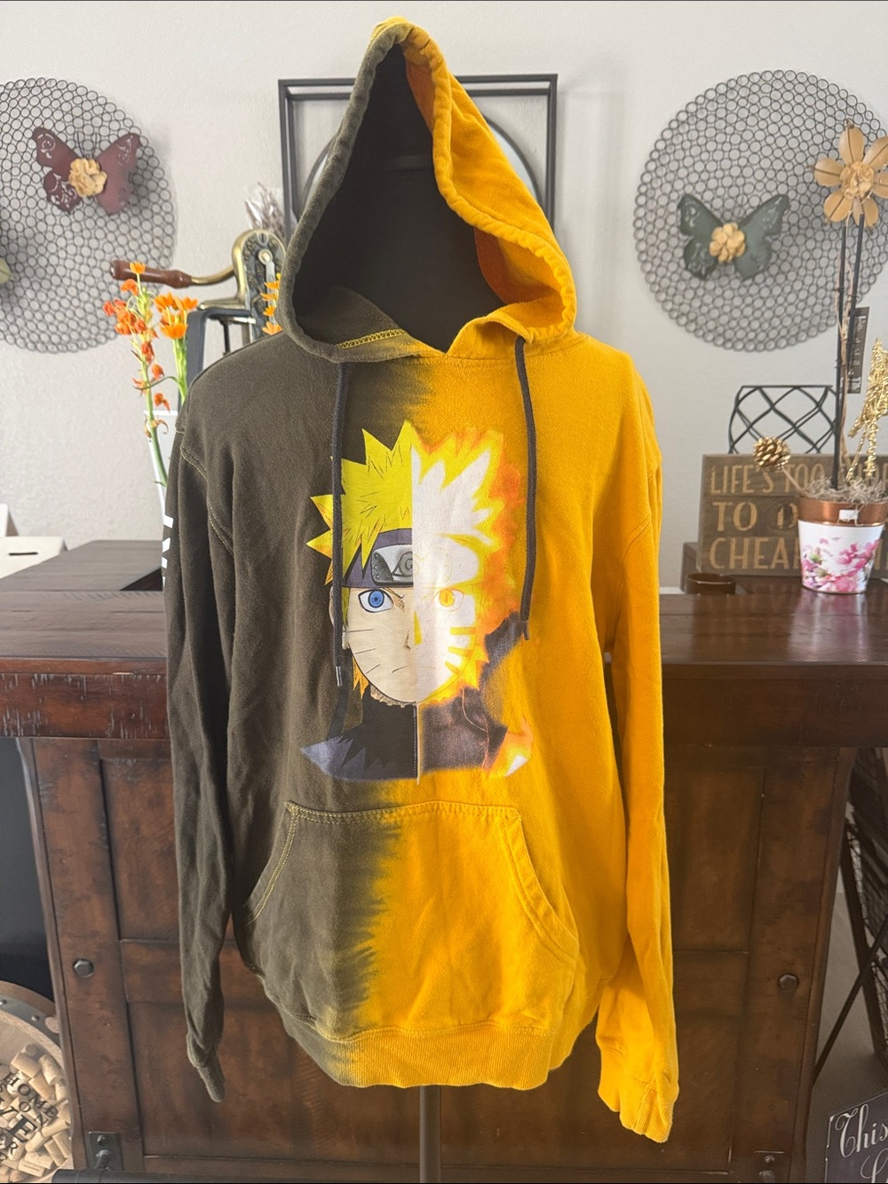 Hot Topic Two-Tone Naruto Graphic Hoodie in Yellow and Olive